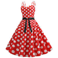 Vestido midi retro de fiesta con estampado de lunares, tirantes finos y cinturón para mujer - details 55