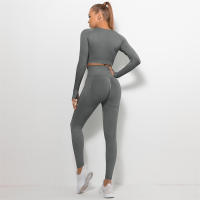 conjunto de yoga para mujer sin costuras ropa deportiva de gimnasio con manga larga sujetador de alto cinturón leggings de gimnasio traje deportivo - details 56