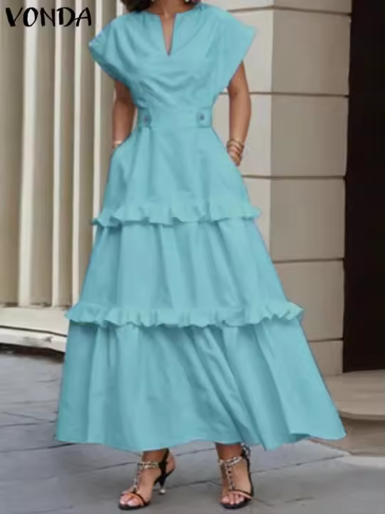 , Volantes para mujer, Playa con cuello en V de verano de color sólido, Túnica grande bohemia informal holgada - 1