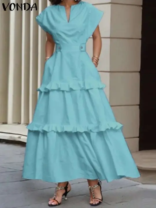 , Volantes para mujer, Playa con cuello en V de verano de color sólido, Túnica grande bohemia informal holgada - 1