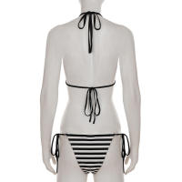 Conjunto de dos piezas de bikini a rayas sexy estilo vacacional americano Lianlianbuwang, top halter y shorts para chica atractiva - details 21