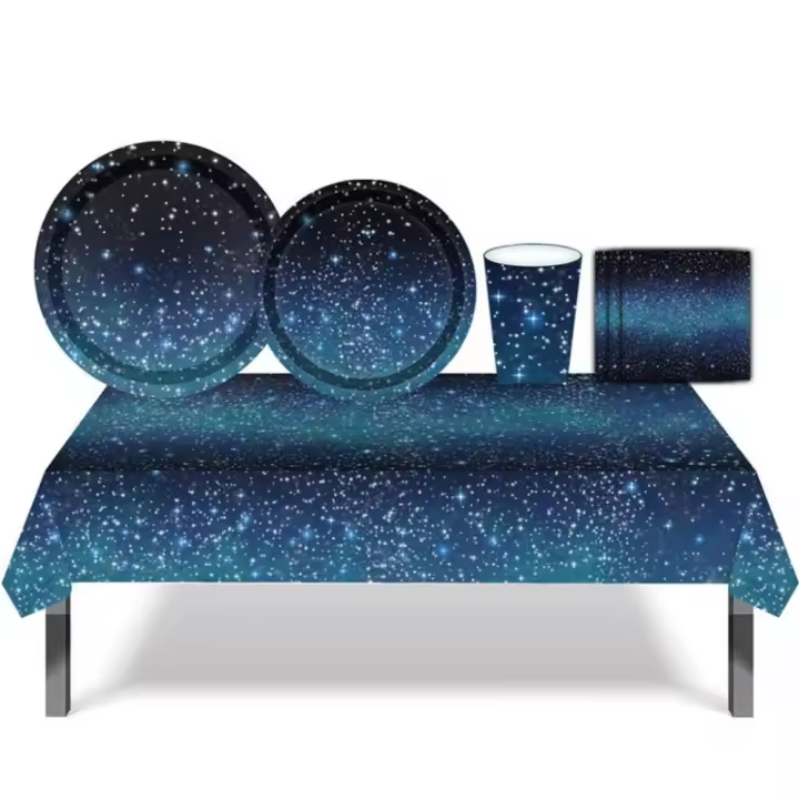 Limpieza para niños, adultos, suministros para fiestas temáticas del espacio exterior desechables azules, adornos de cielo estrellado, decoración para fiesta de cumpleaños, mantel - 1
