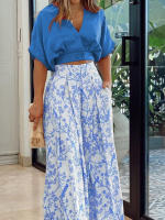 Women casual 2 pieces set elegant v neck short sleeve tops and print wide leg pants - details 4