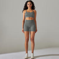 Hamidou-Ropa deportiva para mujer, conjunto de Yoga, sujetador con espalda de nadador, pantalones cortos sin costuras, Leggings de cintura alta, pantalones cortos de gimnasio, trajes de Fitness - details 14