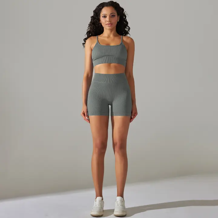 Hamidou-Ropa deportiva para mujer, conjunto de Yoga, sujetador con espalda de nadador, pantalones cortos sin costuras, Leggings de cintura alta, pantalones cortos de gimnasio, trajes de Fitness - 1