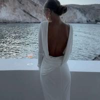 Elegante Vestido Largo con Espalda Descubierta Copea Delgada Blanca con Mangas - details 1