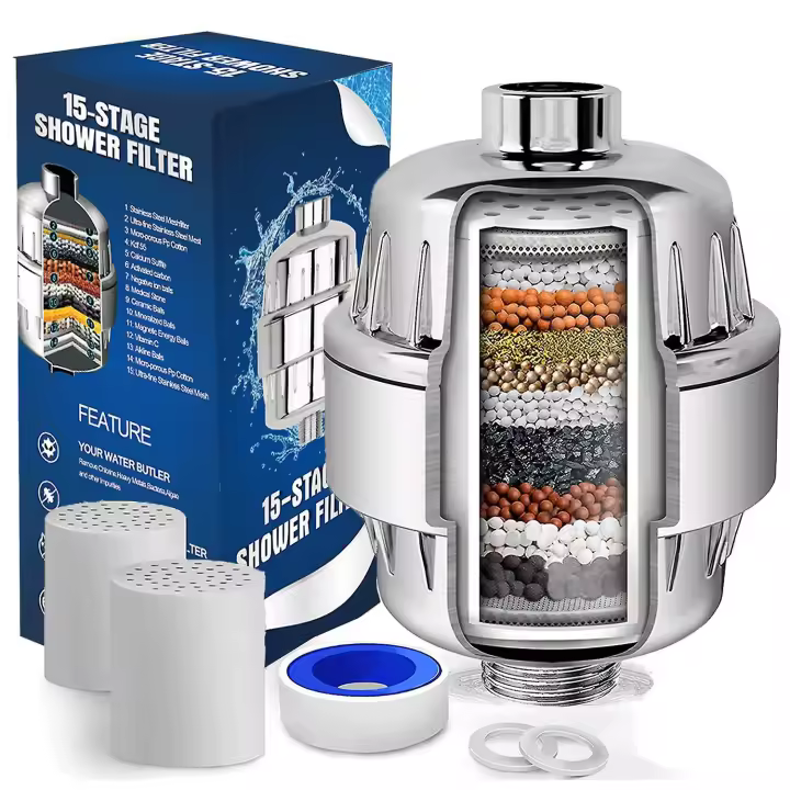 Filtro de ducha de 15 etapas, suavizante de agua, cabezal de ducha Universal reemplazable, purificador de agua dura con 2 cartuchos de filtro - 1