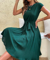 Vestido plisado elegante para mujer, manga corta con cinturilla, verde negruzco S, Verano - details 4