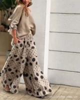 Conjunto Casual de Pantalón para Mujer Top de Hombro Descubierto, Mangas de Farol, Estampado de Punto Pantalones de Pierna Ancha - details 5