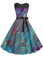 Vestido midi de fiesta elegante de verano con estampado floral, encaje, sin mangas, línea A y cinturón para mujer - details 13