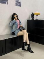 Tacón alto cabeza cuadrada botas delgadas botas cortas zapatos de mujer nuevo tacón grueso marrón con falda - details 22