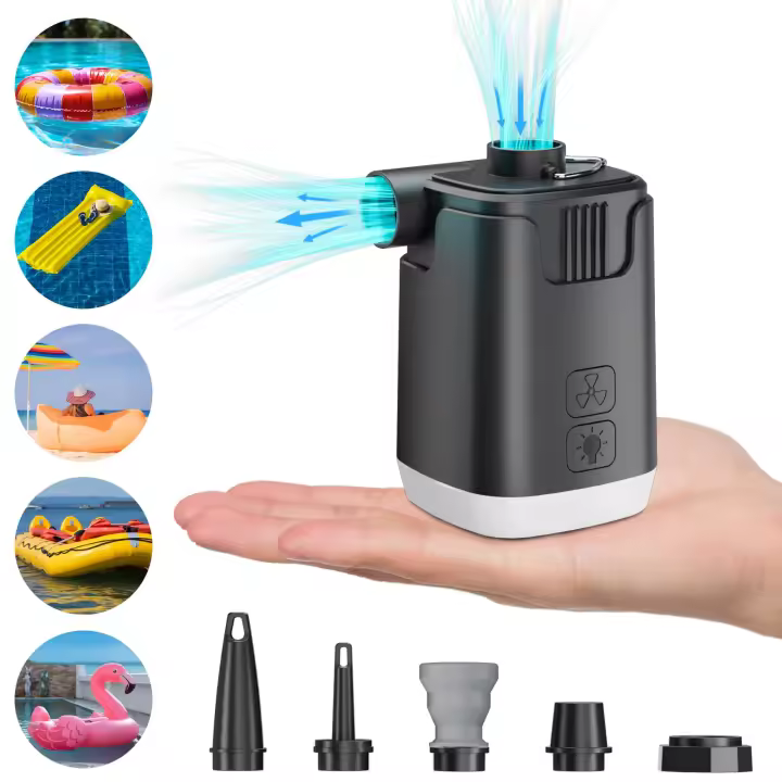 Bomba de Aire Eléctrica con 5 Boquillas, 4000 mAh, Portátil para Colchones de Aire, Flotadores, Esteras, con Luz LED, Recargable por USB, Color Negro, 1 Pieza - 1
