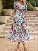 Vestido de verano de estilo callejero para mujer, traje elegante y Sexy con cuello en V, estampado de flores, mangas farol, largo, 2024 - details 5