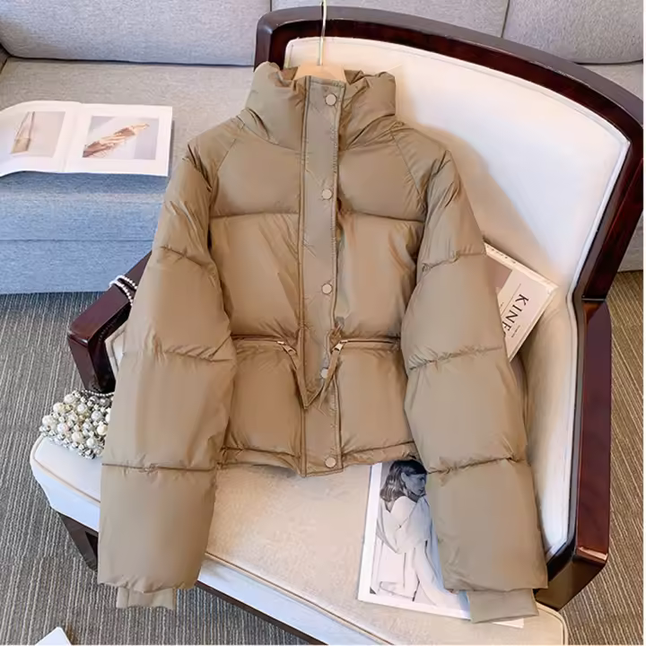Women short thick cotton padded puffer jacket winter stand collar zipper basic coat outwear - 1