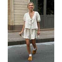 Wolfeel, novedad de verano, conjunto de pantalones cortos de manga corta con estampado de algodón 100%, Top de manga de burbuja con tirantes para mujer, pantalones cortos informales sueltos, conjunto de 2 piezas - details 1