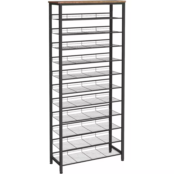 Zapatero de Gran Capacidad con 12 Niveles, Organizador de Zapatos, Estantes de Malla Extraíbles, para Entrada, Armario, Pasillo, Marrón Rústico y Negro EBF51XJ01 - 1