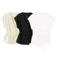 OUWU- Conjunto De Pantalones De Verano Para Mujer, Tops Sin Mangas Con Cordones De Doble Solapa + Bolsillo Con Cremallera, Plisado, Sólido, Holgado, Informal - details 3