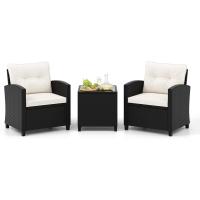 Conjunto de jardín exterior de ratán de 3 piezas, 1 mesa auxiliar de vidrio templado y 2 sillas con cojines, muebles de jardín terraza balcón exterior (negro) - details 35