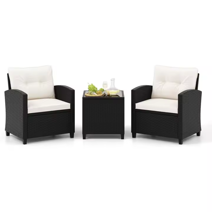 Conjunto de jardín exterior de ratán de 3 piezas, 1 mesa auxiliar de vidrio templado y 2 sillas con cojines, muebles de jardín terraza balcón exterior (negro) - 1