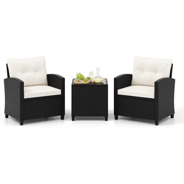 Conjunto de jardín exterior de ratán de 3 piezas, 1 mesa auxiliar de vidrio templado y 2 sillas con cojines, muebles de jardín terraza balcón exterior (negro) - 1