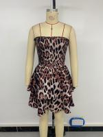 Vestido informal con gradas para mujer, falda de tubo halter sin mangas con estampado de leopardo, estilo festivo, color café - details 7