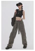 Pantalones vaqueros de pierna ancha holgados grises, ropa de calle de cintura alta, pantalones Cargo para mujer, pantalones Hippie para correr, ropa - details 5