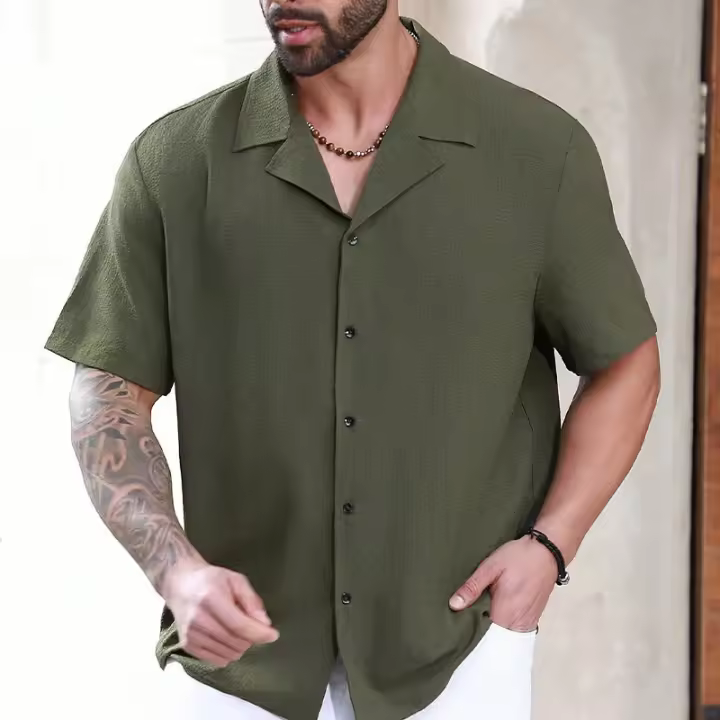 Camisa informal fina de alta gama para hombre, transpirable, resistente a las arrugas, que absorbe la humedad, con textura de manga corta - 1