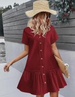 Vestido largo de algodón y lino para mujer, vestido de verano informal vintage con botones y cuello en V de manga corta suelta - details 5