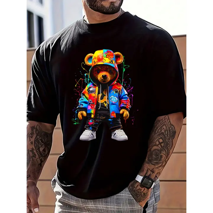 Camiseta casual de manga corta con cuello redondo y estampado de oso de dibujos animados de verano para hombre - 1