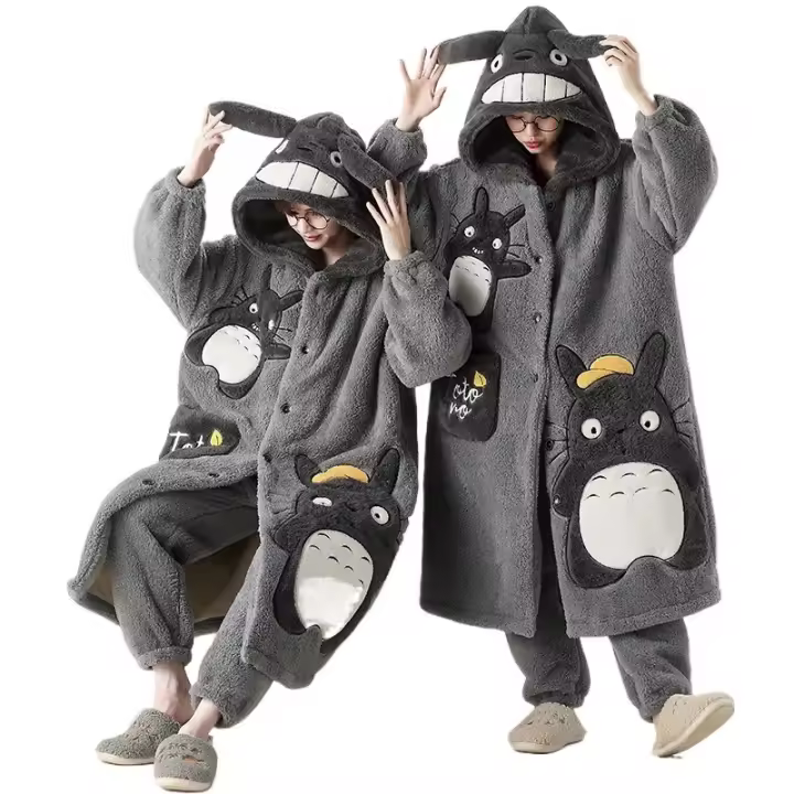 Camisón de felpa grueso y cálido para hombre y mujer, bata larga de vellón, ropa de dormir de gato Kawaii para parejas, - 1