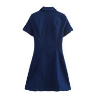 Mini Vestido Plisado Azul Vaquero Moda Vintage para Mujer Cuello de Solapa Manga Corta - details 2