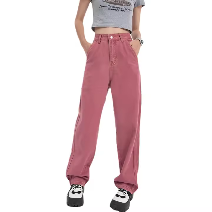 Pantalones vaqueros rosas Vintage para mujer, ropa de calle, rectos, de cintura alta, holgados, informales, pantalones de pierna ancha, pantalones vaqueros para mujer - 1