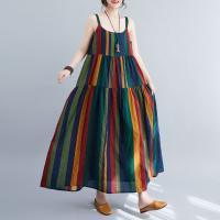 Vestido de Lino de Algodón a Rayas de Color Bloque Falda A-Línea de Moda de Verano con Cintura Suelta y sin Correas Vestido Largo Artístico para Mujeres - details 6