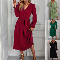 Vestidos largos informales para mujer, Vestido de manga larga con cuello en V y cintura alta, rojo burdeos S - details 0