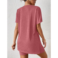 Conjunto de Dos Piezas Cómodo de Color Sólido Manga de Bato, Cuello Redondo, Shorts Ajustados para Mujeres - details 23
