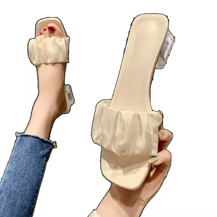Desgaste exterior de verano de las mujeres de las zapatillas, nuevo tacón grueso versátil cabeza cuadrada tacón medio estilo de hadas de arrastre de una palabra con falda zapatillas geniales - 1