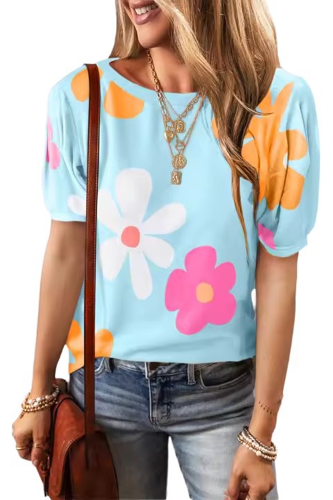 Elrachen Camiseta con manga de burbuja y estampado de flores para mujer, azul cielo, tallas S-2XL - 1