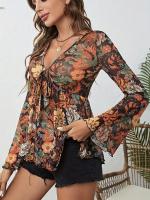 La nueva camiseta largo-sleepred de la malla fina, camiseta campana-sleepred impresa remata para las mujeres - details 3