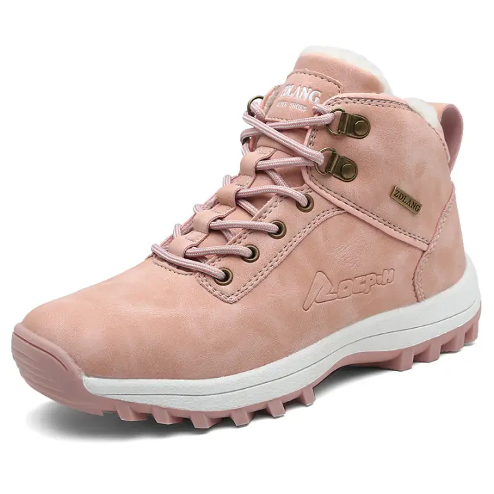 Botas de senderismo cálidas para mujer, zapatos de escalada al aire libre para clima frío, zapatos de Trekking rosas antideslizantes, botas de nieve impermeables, Invierno - 1