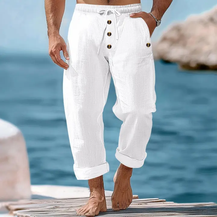 Pantalones de pierna recta con botones y cordón sueltos de lino de color sólido informales para hombre de primavera y otoño - 1