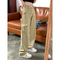 Pantalones vaqueros Cargo Vintage de color caqui americano, Pantalones rectos de cintura alta con bolsillo de moda, pantalones vaqueros holgados de pierna ancha para mujer - details 0
