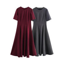 BUNO-vestido Midi a la moda para mujer, cuello redondo, manga corta, cremallera, vestido ajustado para ir al trabajo, vestido plisado informal versátil Vintage para mujer - details 1