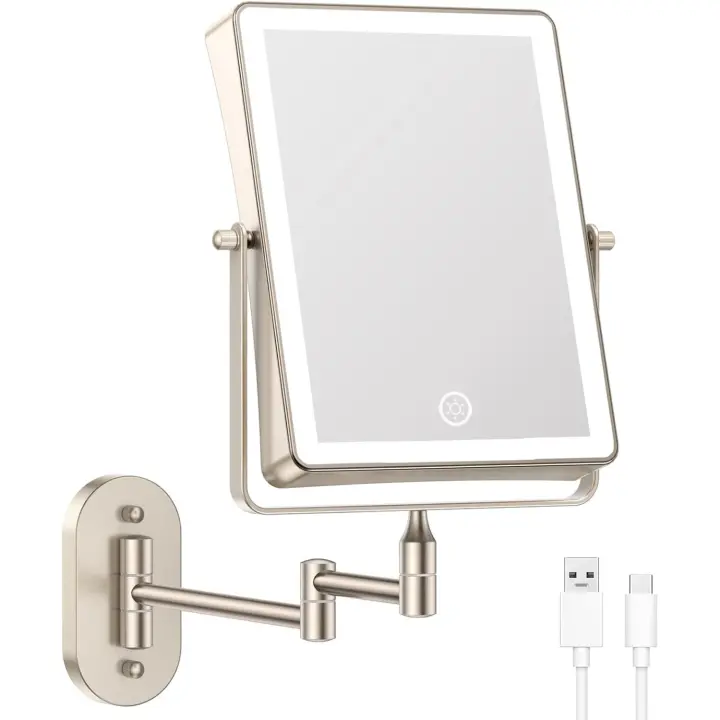 Famihomii Luz de espejo de maquillaje recargable, pared de baño grande de 8,7 pulgadas con luces regulables de 3 colores, extensible giratorio 360 - 1