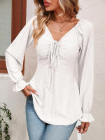 Blusa acampanada de manga larga con cuello en V para mujer, camiseta Sexy con cordón en la cintura, Tops elegantes para primavera y otoño, 2023 - details 11