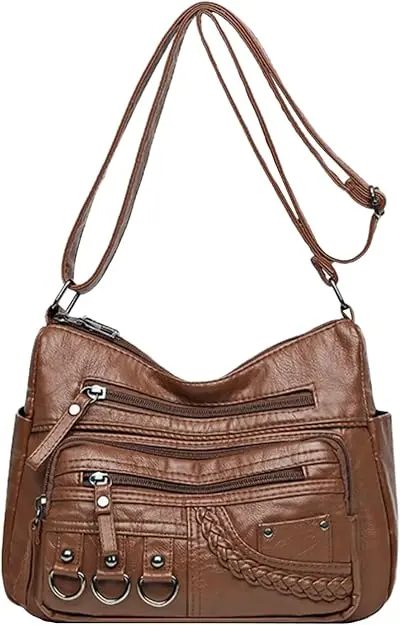 Bolso de cuero para mujer, bandolera con múltiples bolsillos, bolso de hombro Hobo impermeable con correa ajustable para el hombro - 1