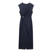 - Moda femenina de mezclilla plisada sin mangas larga con cuello redondo, elegantes vestidos de fiesta para mujer - details 0