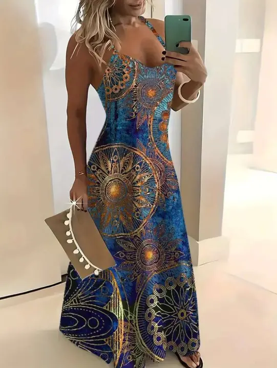 Vestido de playa bohemio largo informal con estampado de cuello en V botánico colorido holgado a la moda de verano para mujer - 1