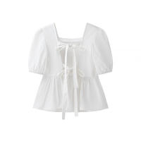 OUWU- Camisa Corta De Manga Abullonada Para Mujer De, Cuello Cuadrado Simple, Espalda Plisada, Puños Elásticos Sólidos, Dobladillo Suelto Informal, Blusa Corta, Nueva Camisa Elegante Para Primavera Y Verano - details 3