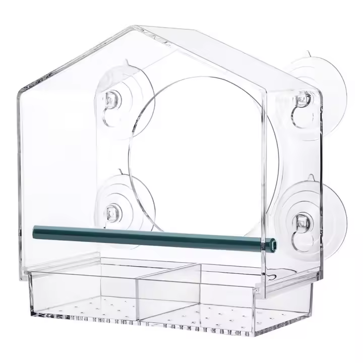 Alimentadores de pájaros de ventana con ventosas fuertes, alimentador de pájaros transparente para exteriores, casa de pájaros con bandeja extraíble de 2 compartimentos - 1