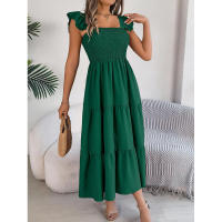 Elegante vestido largo de verano para mujer en color liso con escote cuadrado y aros decorativos, sin mangas, corte ajustado. - details 18